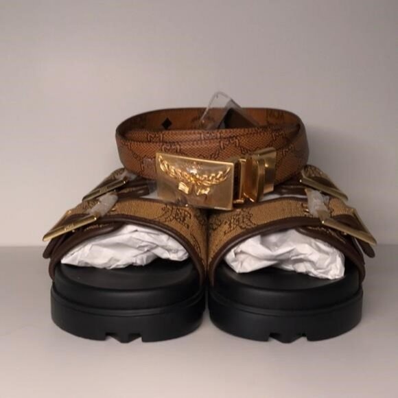 New Authentic MCM Garland Plaque Buckle Print Belt in 24K Gold Plating - Picture 7 of 12